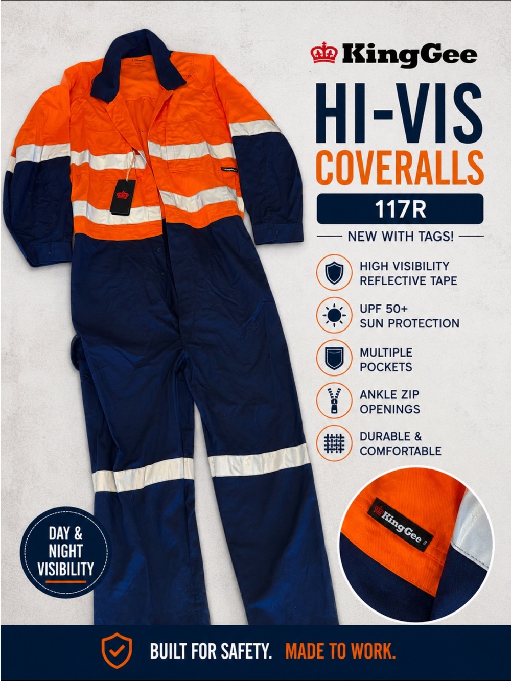 KingGee Hi-Vis Reflective Work Coveralls Orange Navy NWT Size 117R